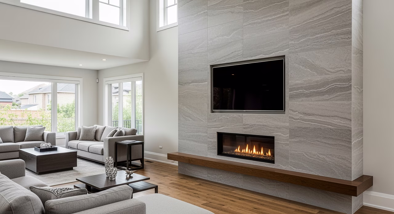 New indoor gas line to gas fireplace installed in Oakville great-room renovation