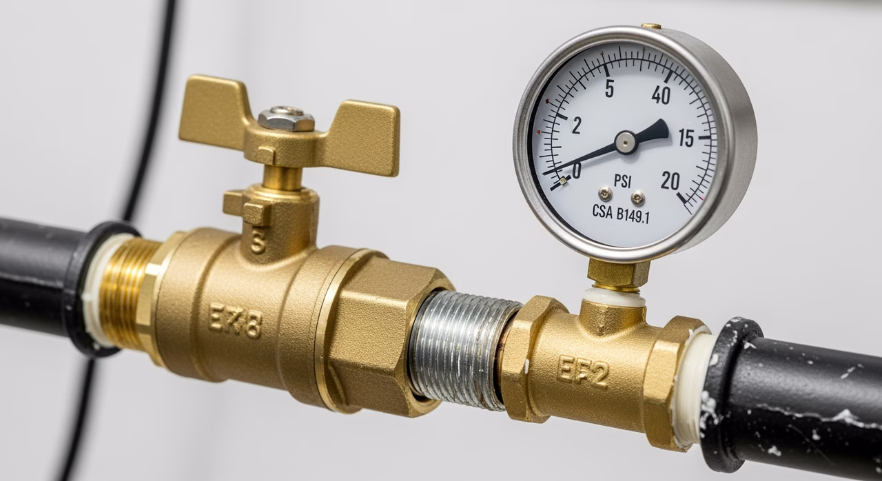 Close-up of quarter-turn ball shutoff valve and pressure gauge during CSA B149.1 leak test