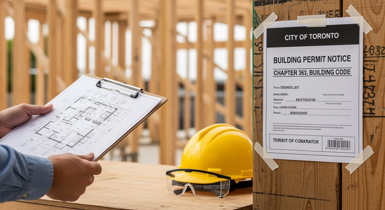 Toronto general contractor reviewing Chapter 363 building permit and blueprints at job-site workbench