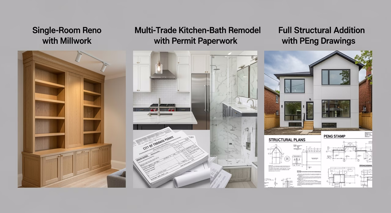 Three Toronto GC project scopes compared: single-room reno, multi-trade kitchen-bath, full structural addition