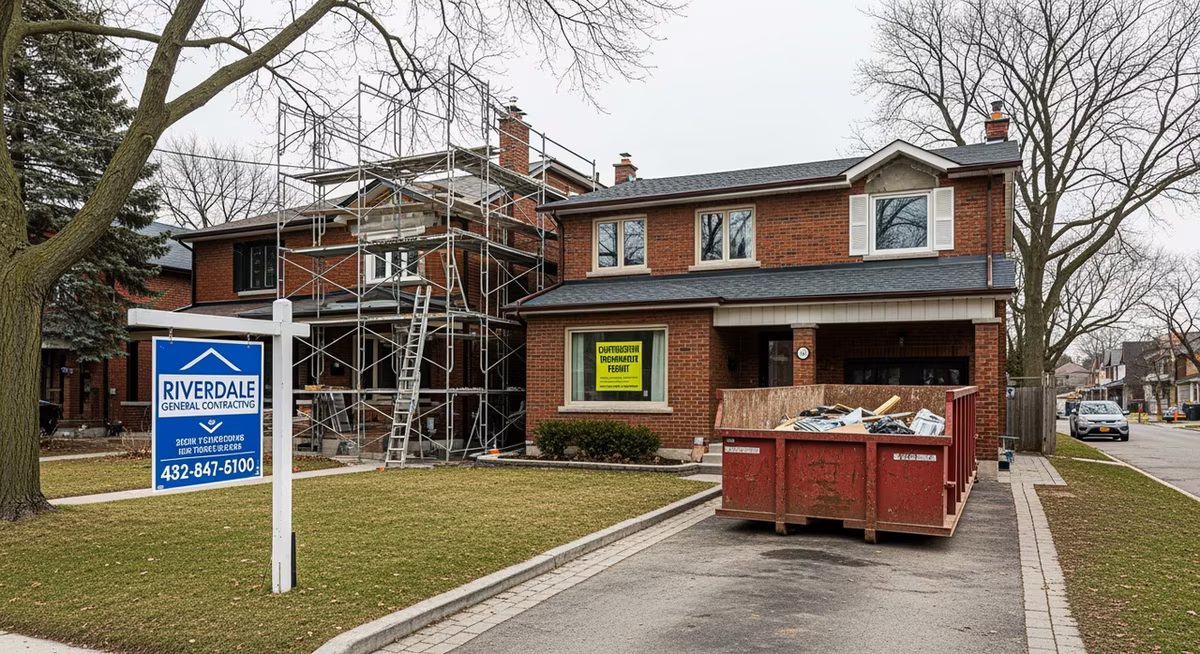 Active Toronto Riverdale detached home renovation exterior with GC signage, dumpster, and posted permits