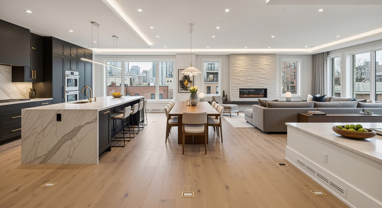 Completed GC-managed Toronto home renovation showing finished open-plan kitchen with integrated trades