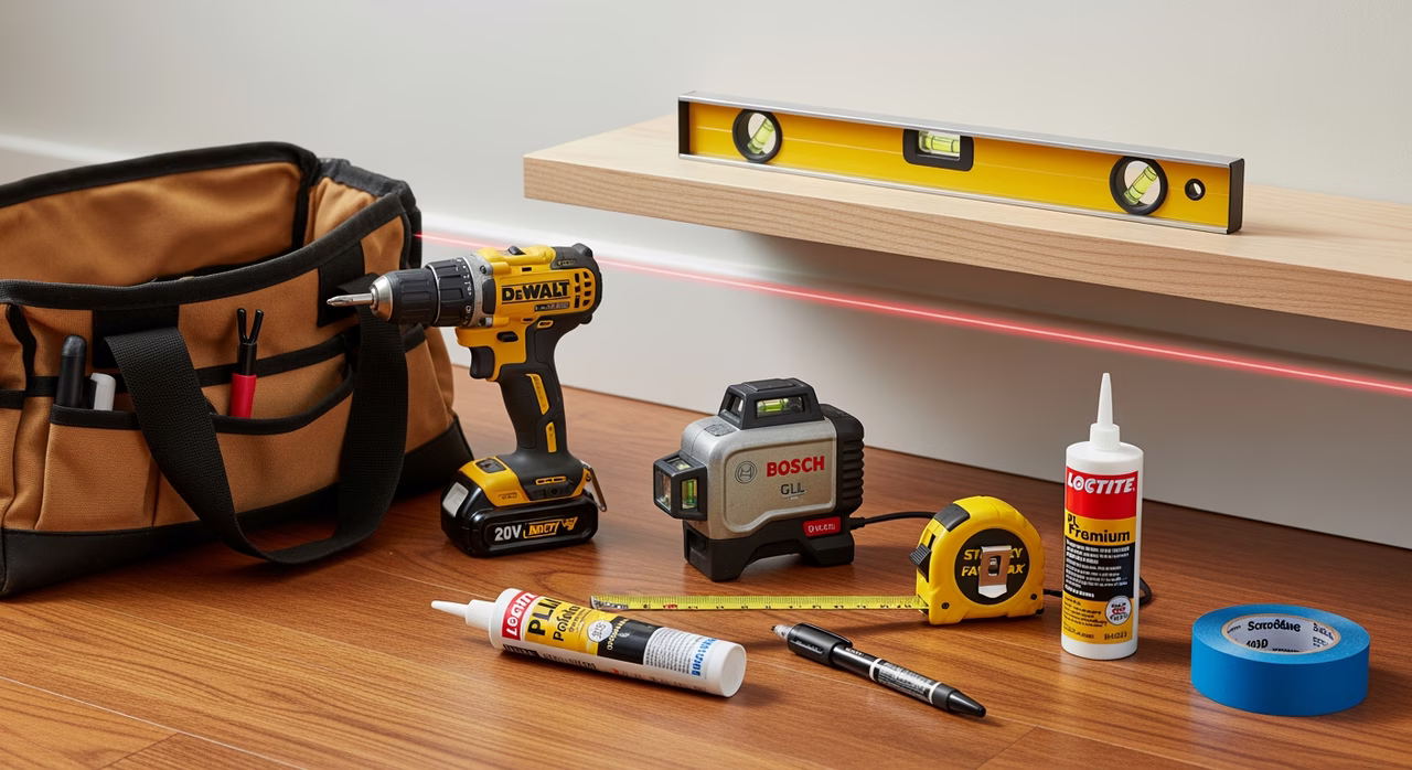 Toronto general-handyman tool bag with DeWalt cordless drill, Bosch self-levelling laser, Stanley FatMax tape, and Loctite PL Premium adhesive on floor next to partially-installed floating shelf