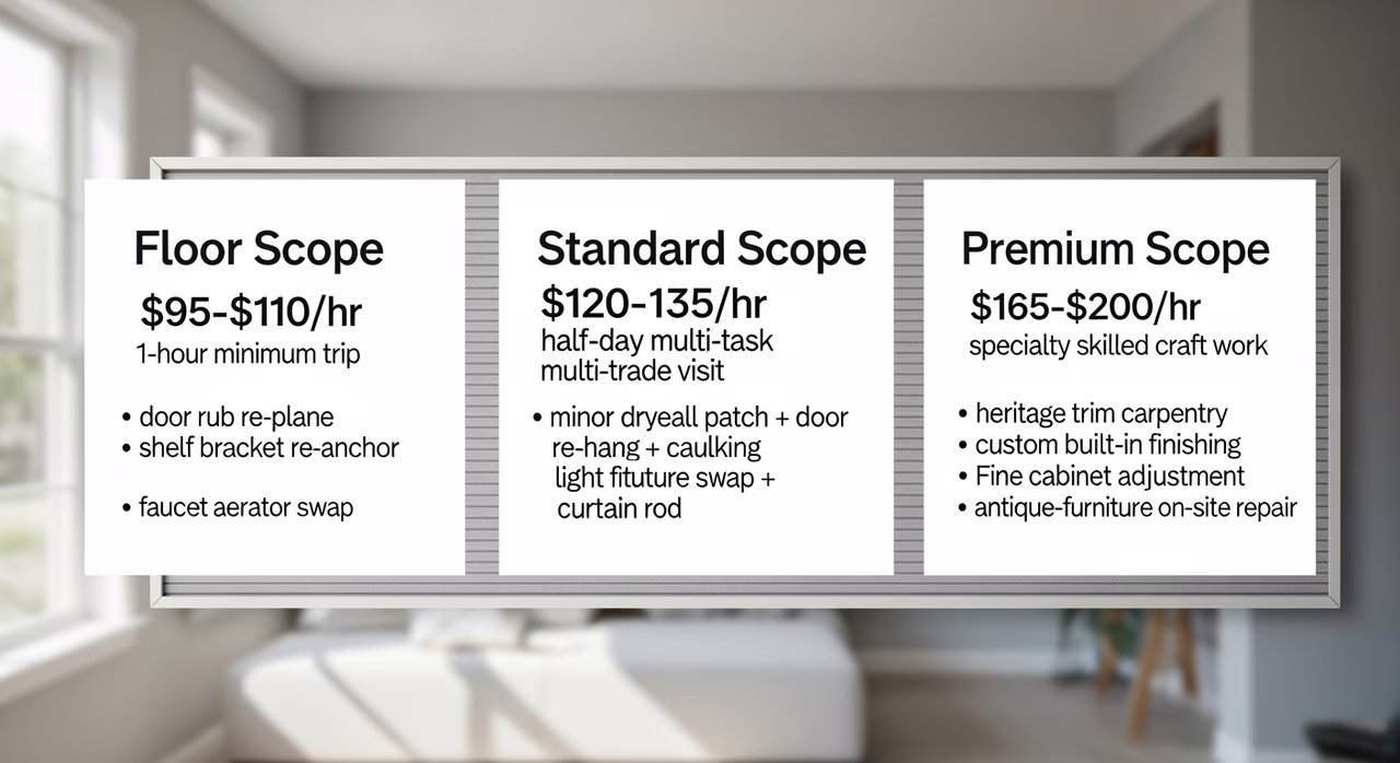 Three Toronto handyman service tiers compared: floor 95-110 per hour quick-fix, standard 120-135 multi-task half-day, premium 165-200 specialty finish carpentry on catalogue grey board