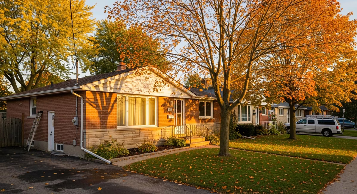Toronto Etobicoke 1960s detached bungalow on Long Branch suburban street at golden hour where aging-in-place homeowner books quarterly 400-600 handyman visit