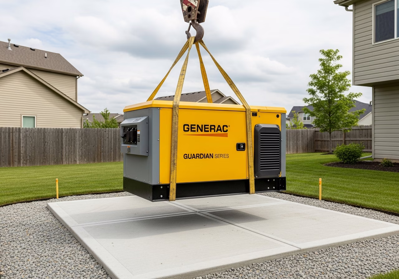 Crane lowering Generac Guardian standby generator onto concrete pad in Toronto