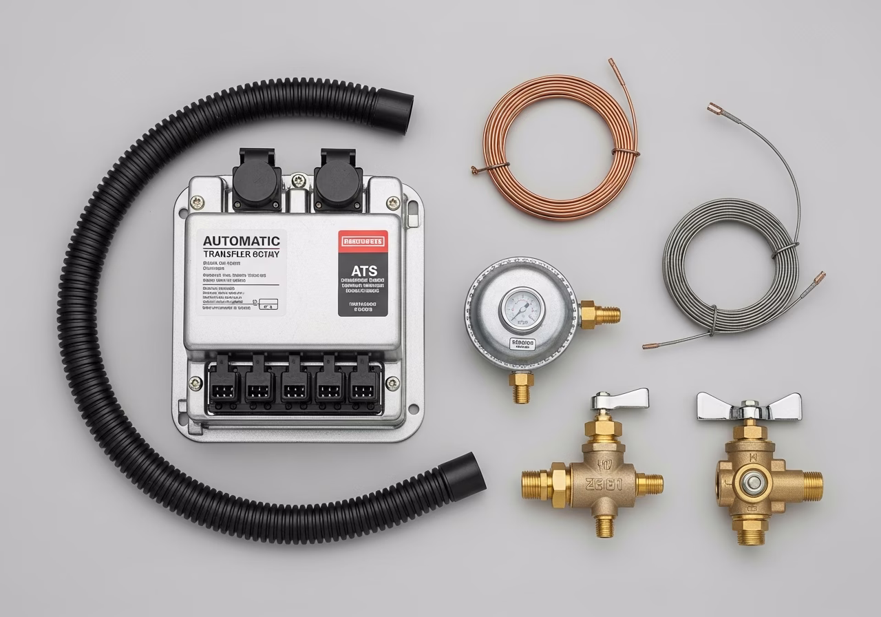 Generator install components — ATS transfer switch, propane regulator, gas shut-off