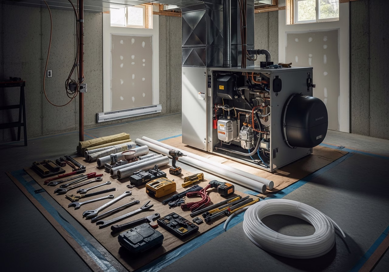 Geothermal Heat Pump Installation in progress: tools, materials, and protective floor covering staged for a Toronto HVAC and 