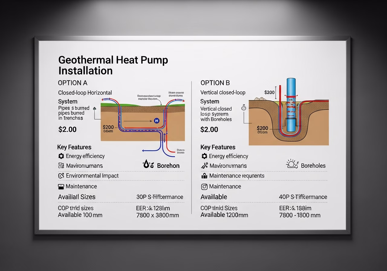 Side-by-side product and material comparison for geothermal heat pump installation — typical brands and finishes used in Toro