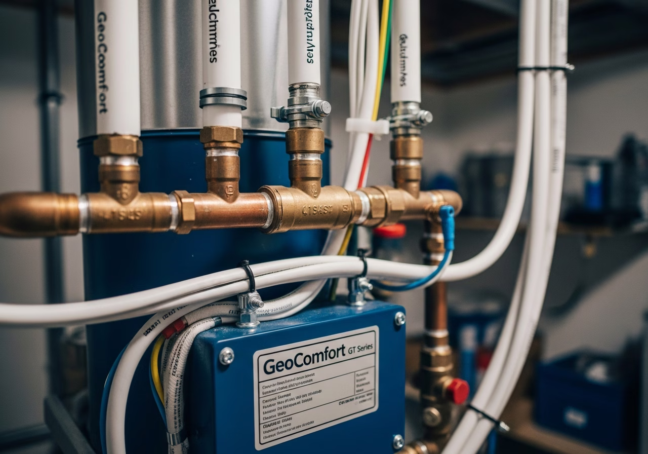 Close-up detail of professionally completed geothermal heat pump installation showing craftsmanship and finish quality