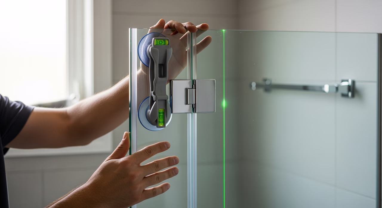 Toronto glass-door installer setting 3/8-inch tempered glass shower-and-tub frameless glass door pivoting on top-and-bottom pivot hardware, suction-cup glass handler engaged at top corner, vertical-line laser projecting plumb reference