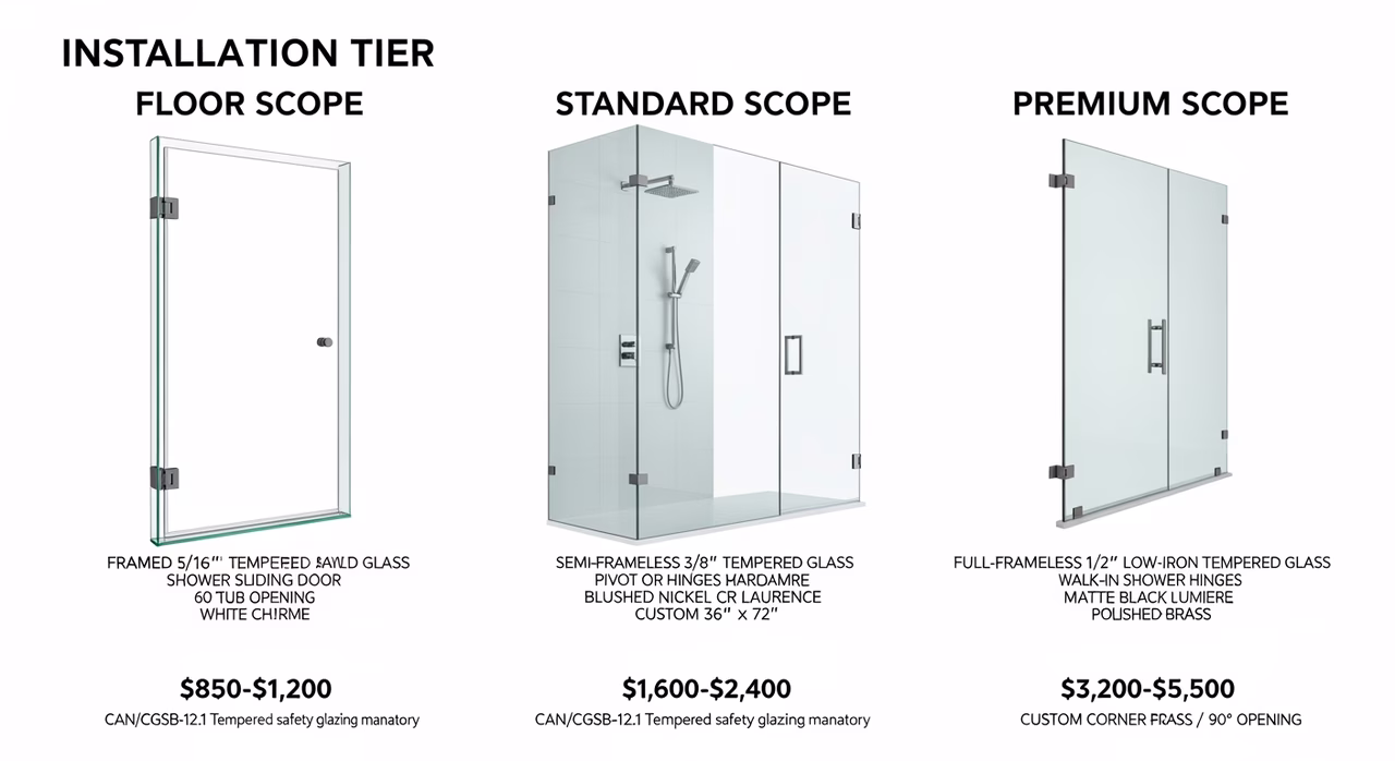 Three Toronto glass-door tiers compared: floor framed 5/16-inch tempered sliding shower-and-tub aluminum frame chrome at $850-$1,200, standard semi-frameless 3/8-inch tempered pivot or hinged CR Laurence Cardinal Series brushed-nickel at $1,600-$2,400, premium full-frameless 1/2-inch low-iron tempered walk-in GlassCrafters Lumiere matte-black or polished-brass at $3,200-$5,500