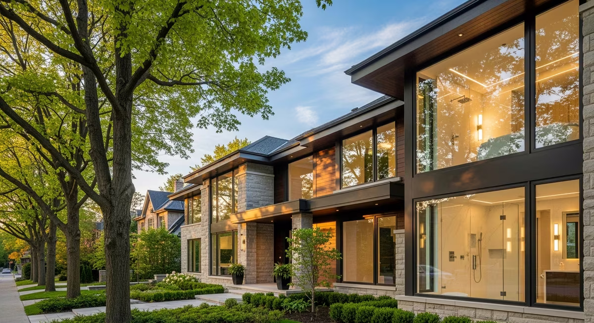 Toronto Forest Hill 2020s detached luxury custom-build home with mature trees on prestigious street at golden hour where premium ensuite frameless walk-in shower glass doors with 1/2-inch low-iron and custom hardware commonly run $3,200-$5,500