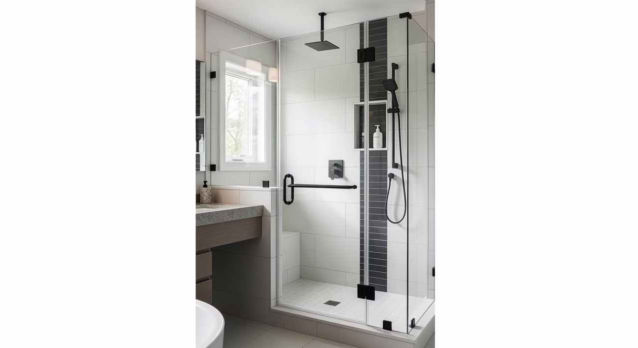 Completed Toronto luxury ensuite walk-in shower with newly-installed full-frameless 1/2-inch low-iron tempered glass door, matte-black CR Laurence Lumiere pivot hardware, single-tilt-out towel bar, walk-in entry no curb