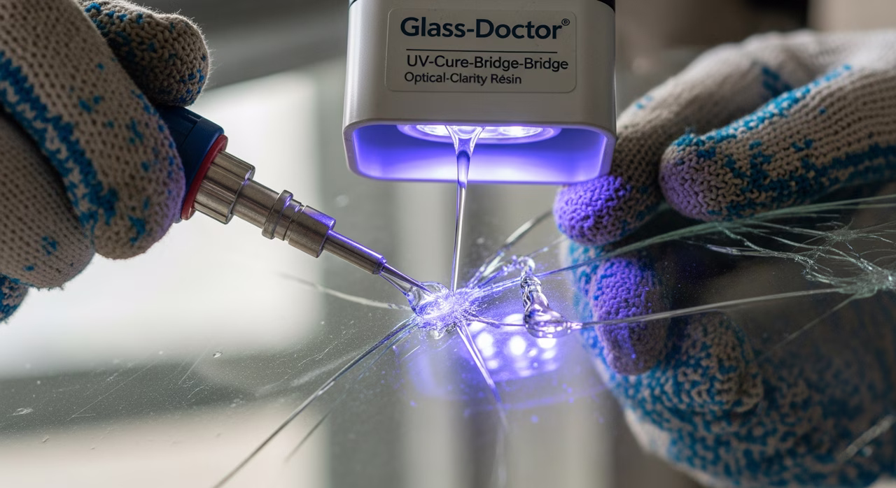 Toronto glass-repair specialist applying UV-cured Glass-Doctor optical-clarity resin to chip in 1/4-inch tempered exterior storm-door glass panel using UV-cure crack-bridge injector tool, UV light cure-lamp activated