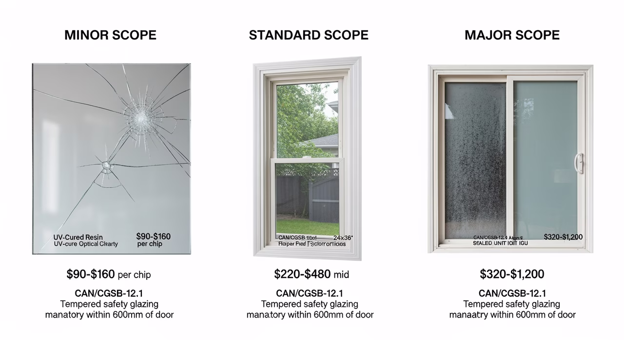 Three Toronto glass-repair tiers compared: minor scope chip-and-crack resin repair on single-pane or storm-door tempered at $90-$160, standard full pane replacement on storm door or sidelight tempered at $220-$480, major scope full IGU sealed-unit replacement custom Cardinal IG order at $320-$1,200