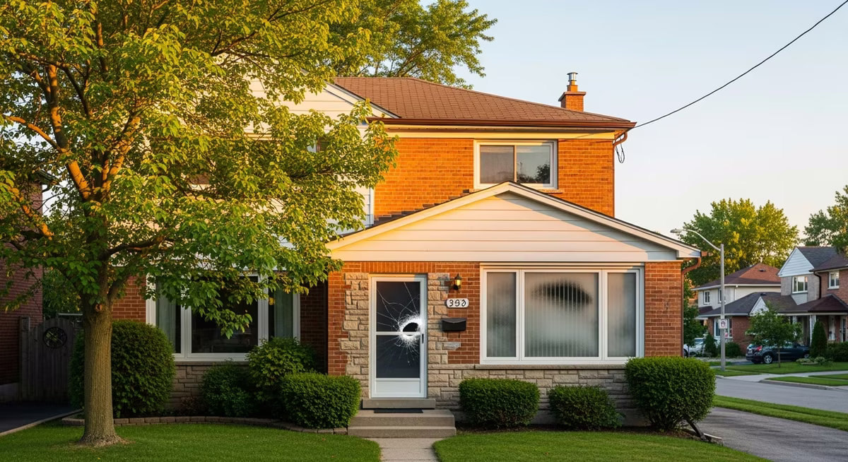 Toronto North York 1980s detached two-storey home with mature trees on family street at golden hour where typical glass-repair scopes include hail-damage chip on storm-door tempered glass and condensation-failure on 20-year IGU sealed units