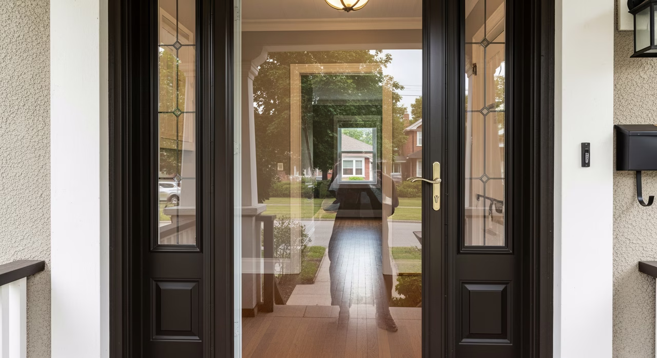 Completed Toronto front-entry storm door after repair showing newly-installed clear tempered glass panel (formerly cracked from impact), perfectly clear view-through