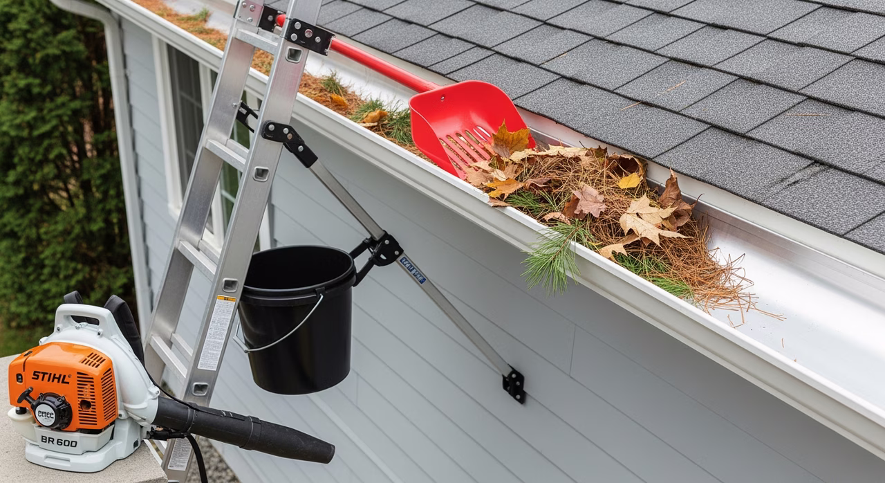 Toronto gutter-cleaning technician on 30-foot fibreglass extension ladder with stabilizer arms hand-scooping leaf debris and pine needles into 5-gallon bucket from existing aluminum gutter, shop-vac visible at top of ladder for fine sediment extraction, drop tarps protecting landscaping below