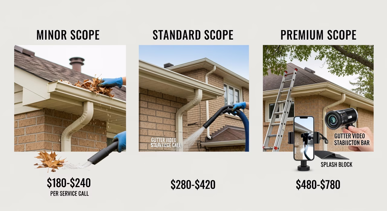 Three Toronto gutter-cleaning tiers compared: floor single-visit single-storey bungalow up to 1,400 sq ft with hand-scoop and downspout flush at $180-$260, standard two-storey detached 1,400-2,400 sq ft with full perimeter clean and inspection report at $280-$380, premium two-storey 2,400+ sq ft with kick-out flashing inspection and leaf-protection retrofit assessment at $400-$550