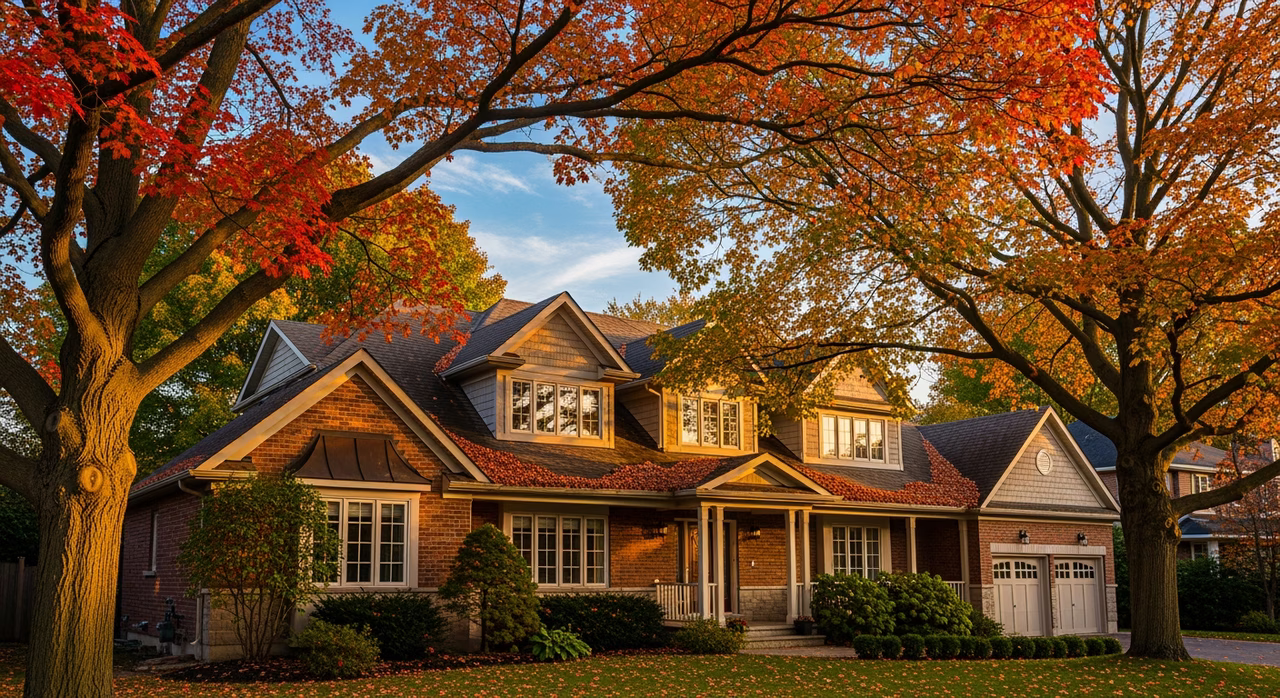 Toronto Markham 2000s detached two-storey home with mature 25-35 year tree canopy of silver maple and oak on family street at golden hour where bi-annual gutter cleaning prevents the leaf-clog overflow that causes 40-60% of fascia rot claims in the GTA