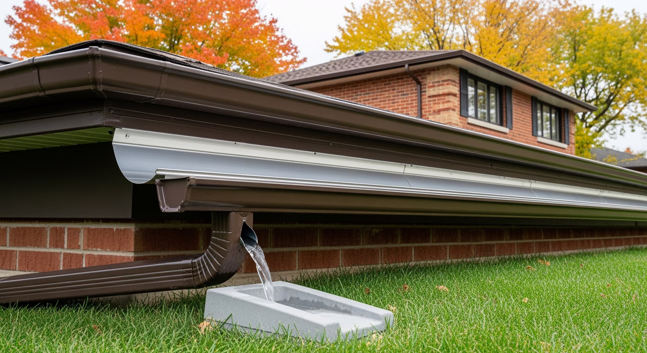 Completed Toronto rear gutter after full clean showing pristine clear gutter interior with visible 1/2-inch slope to downspout, no leaf or grit debris remaining, kick-out flashing visible at roof-wall intersection, downspout extension terminating 5 feet from foundation