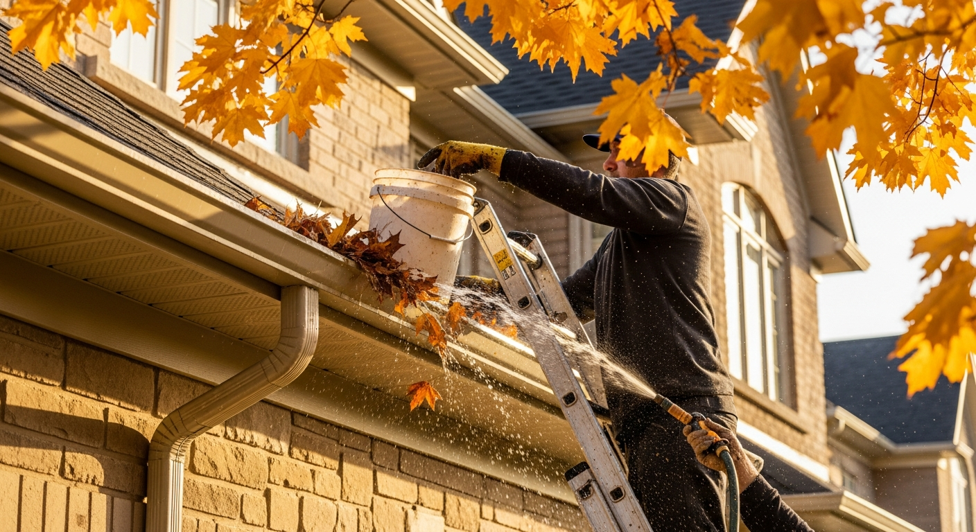 Close-up of professional gutter cleaning work delivered in Aurora