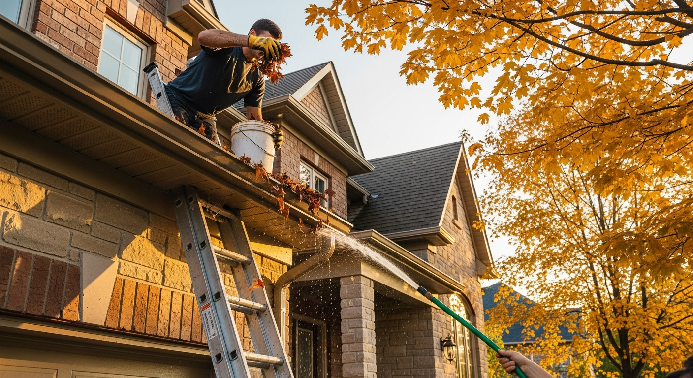 Close-up of professional gutter cleaning work delivered in East Gwillimbury