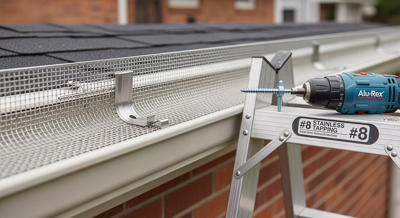 Toronto gutter-guard installer setting Alu-Rex T-Rex Gutter Clean stainless-steel 1.1mm micromesh leaf protection panel into hidden bracket on existing Aluminum Industries 5-inch K-style gutter, no shingle lift, mesh sits over gutter top integrating with drip-edge, Spectra leaf-strainer cone visible at downspout outlet