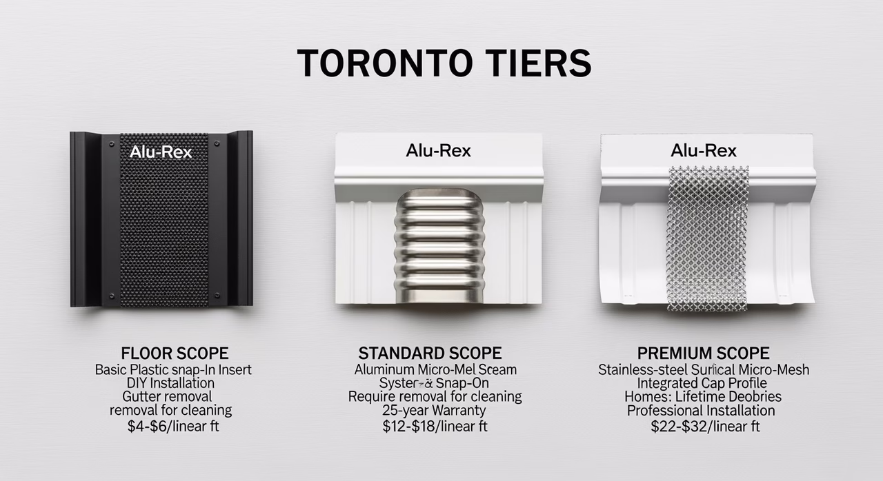 Three Toronto gutter-guard systems compared: floor Amerimax Snap-In plastic 5mm slot cover at $11-$14/lin ft, standard Alu-Rex T-Rex Gutter Clean Canadian-made stainless micromesh 1.1mm at $16-$22/lin ft, premium Gutter Helmet aluminum hooded reverse-curve surface-tension technology at $24-$32/lin ft