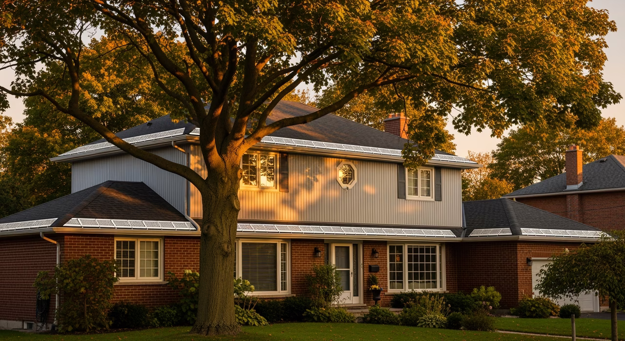 Toronto Etobicoke 1970s detached two-storey home with mature 50-foot white pine and silver maple trees within 30 feet of house on family street at golden hour where Alu-Rex Gutter Clean retrofit eliminates the twice-yearly $300-$450 cleaning bill