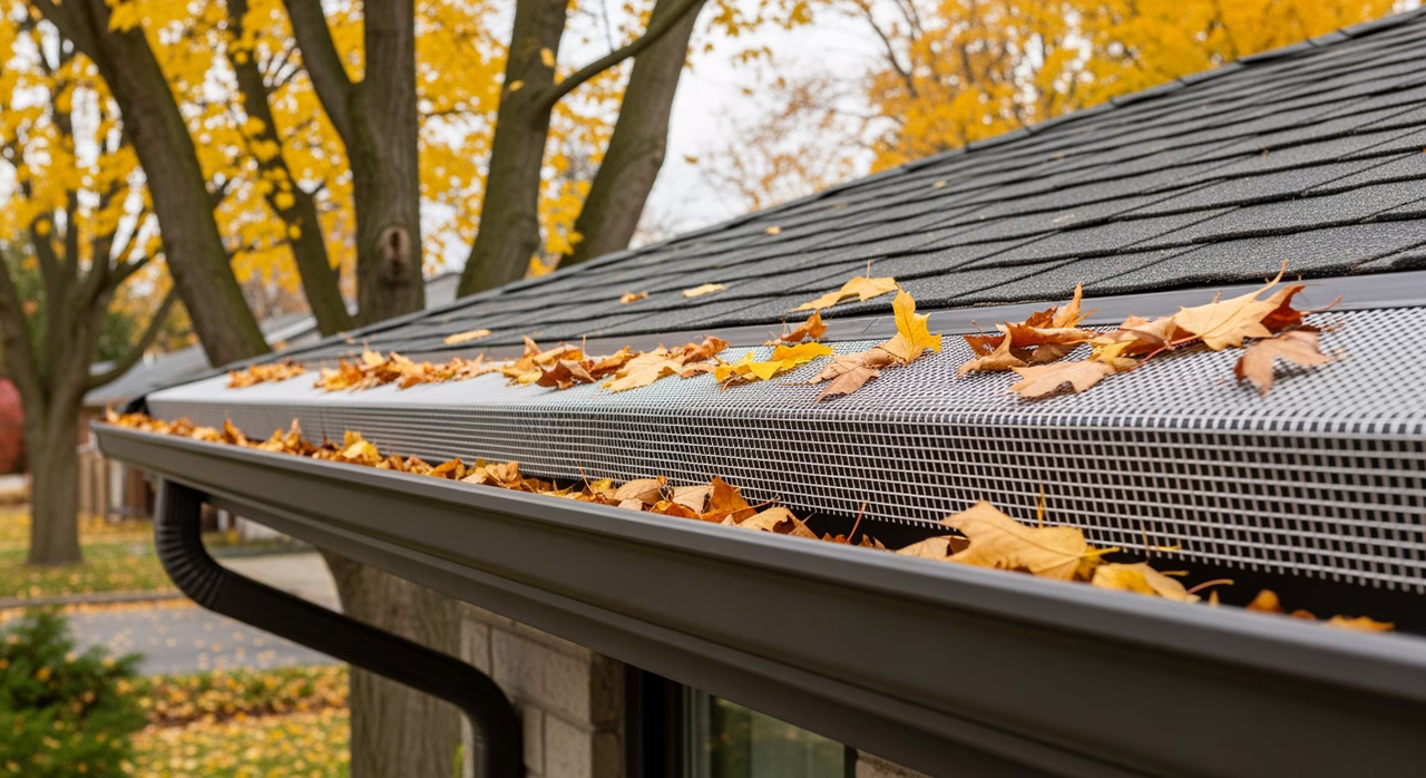 Completed Toronto rear of home showing newly-installed Alu-Rex T-Rex Gutter Clean stainless-steel micromesh leaf protection retrofit on existing 6-inch K-style gutters, hidden brackets invisible from ground, 25-year transferable no-clog warranty