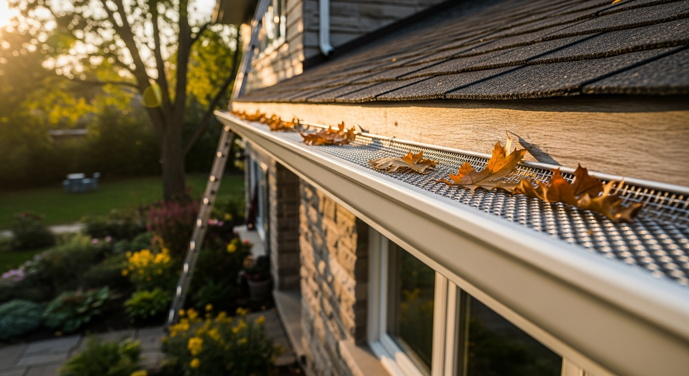 Editorial detail of a Burlington gutter guard installation install — visible quality finish