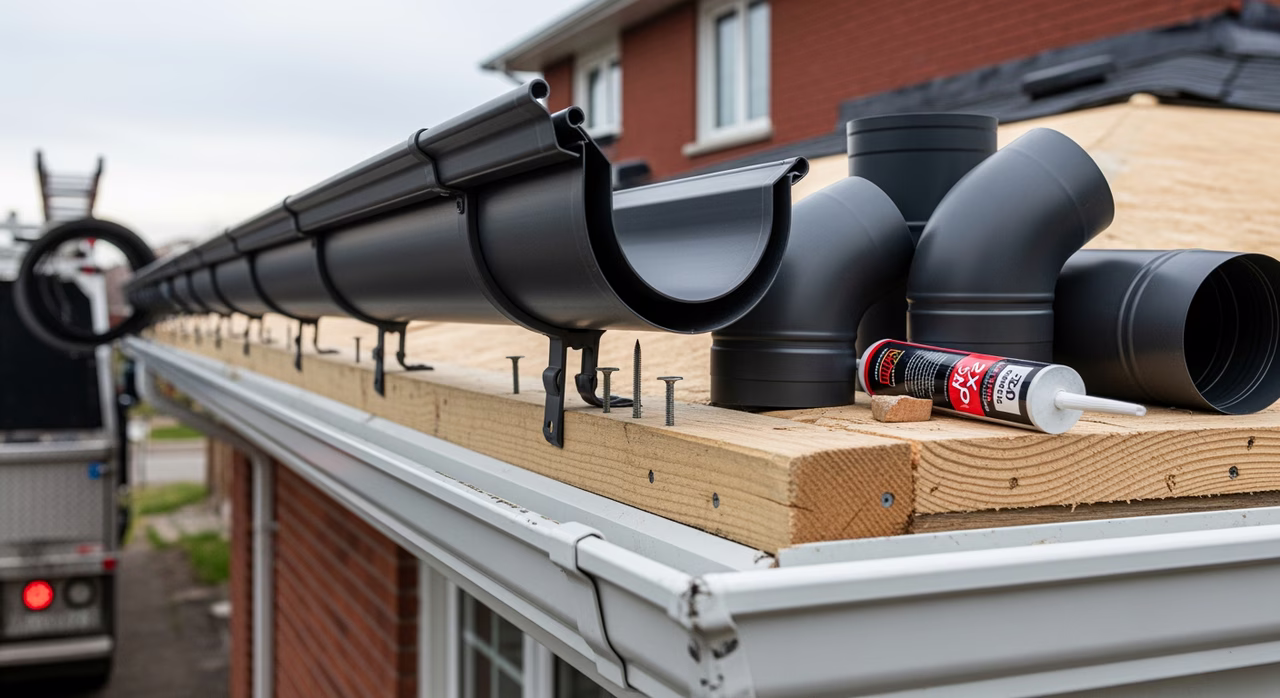Toronto gutter installer operating Aluminum Industries portable continuous-form gutter-forming machine producing seamless 6-inch K-style gutter in 0.032-inch baked-enamel aluminum, length matched to roof eave run, hidden hanger Spectra system visible at 18-inch on-centre spacing, drip-edge metal lapped under shingle starter course
