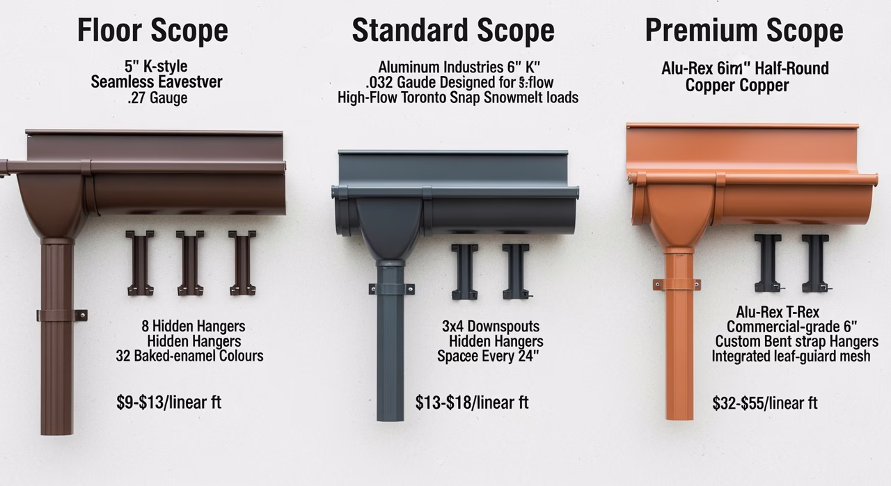 Three Toronto gutter-installation tiers compared: floor Aluminum Industries 5-inch K-style 0.027-inch white baked enamel with hidden hangers at 24-inch OC at $8-$11/lin ft, standard 6-inch K-style 0.032-inch 24-colour match with Geocel Pro Flex 4500 sealant and kick-out flashings at $12-$16/lin ft, premium 6-inch half-round 0.040-inch heavy-gauge with Alu-Rex Gutter Clean integrated at $17-$24/lin ft