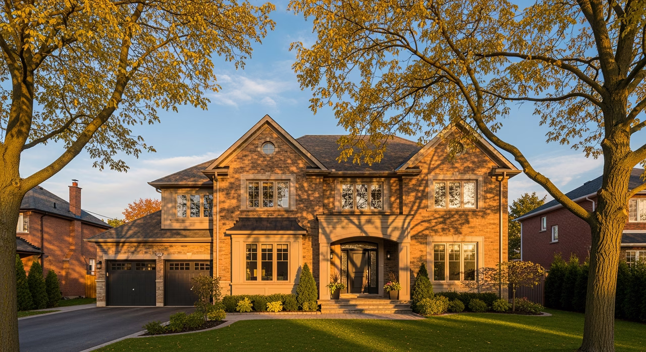 Toronto Mississauga 1990s detached two-storey home with mature trees on family street at golden hour where full-perimeter 6-inch K-style continuous seamless gutter replacement with Alu-Rex leaf protection commonly runs $3,200-$4,400 on 1,800 sq ft detached