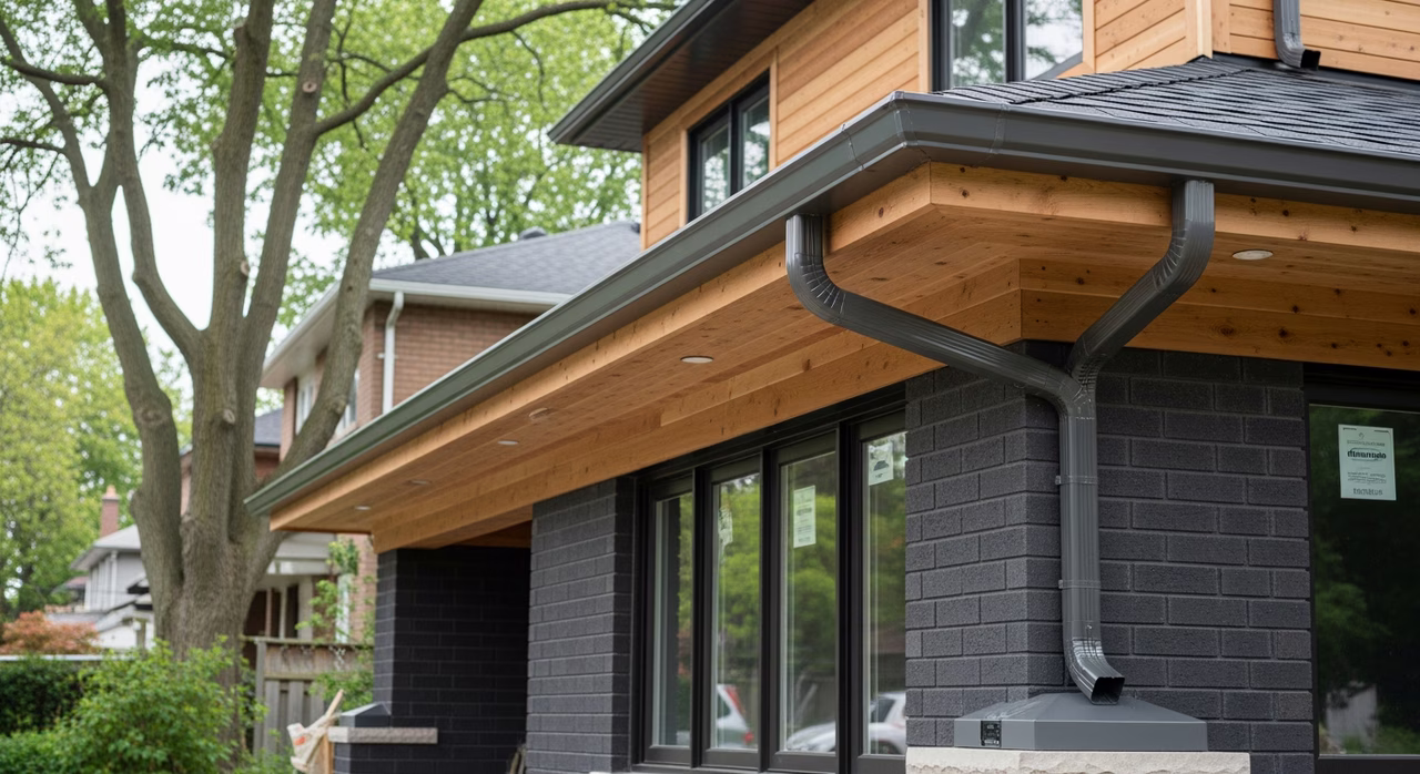 Completed Toronto rear of home showing newly-installed Aluminum Industries 6-inch K-style continuous seamless gutter in Slate Grey custom-colour-match baked enamel finish, 3-inch by 4-inch downspouts terminating 4 feet from foundation with splash block, kick-out flashings visible at roof-wall intersection