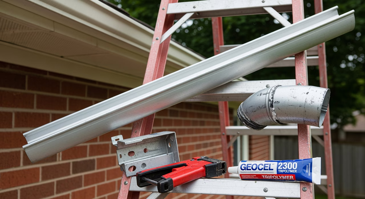 Toronto gutter-repair specialist applying Geocel Pro Flex 4500 marine-grade polyurethane sealant to failed miter joint on existing Aluminum Industries 5-inch K-style gutter, joint cleaned and degreased prior, Spectra hidden hanger system being installed at 18-inch on-centre to replace failed strap-hangers visible on adjacent section