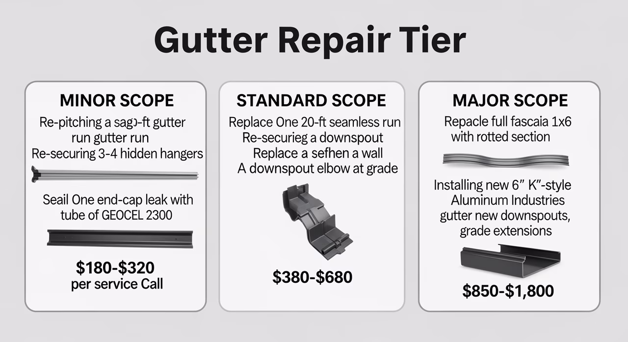 Three Toronto gutter-repair tiers compared: minor scope single seam reseal plus 1-3 hanger replacement at $180-$280, standard scope 3-6 hanger replacement plus 2-4 miter reseals plus single section sag correction at $300-$650, major scope full single-run replacement on 36 linear feet plus 8-12 hanger replacements plus kick-out flashings at $750-$1,400