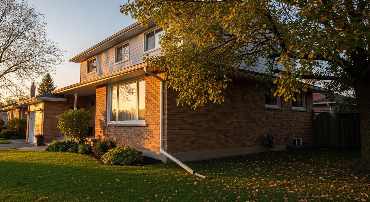 Toronto Etobicoke 1960s detached two-storey home with original galvanized gutters at 60-year service mark on family street with mature maple trees at golden hour where mid-life repair scope includes section replacement plus hidden hanger system upgrade plus kick-out flashing retrofit