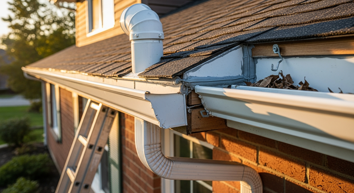 Editorial detail of a Scugog gutter repair install — visible quality finish