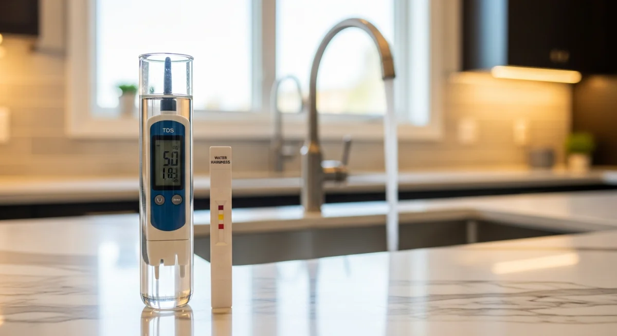 Digital TDS meter and water test strips beside two glasses of water — tap and filtered