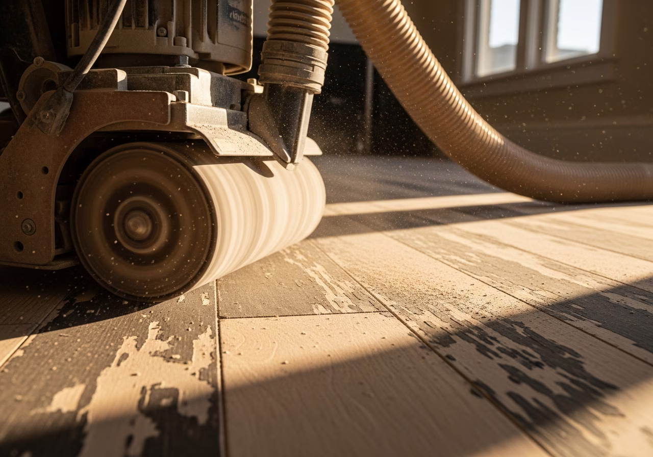 Drum-sanding Toronto Victorian red oak hardwood floor — refinishing process