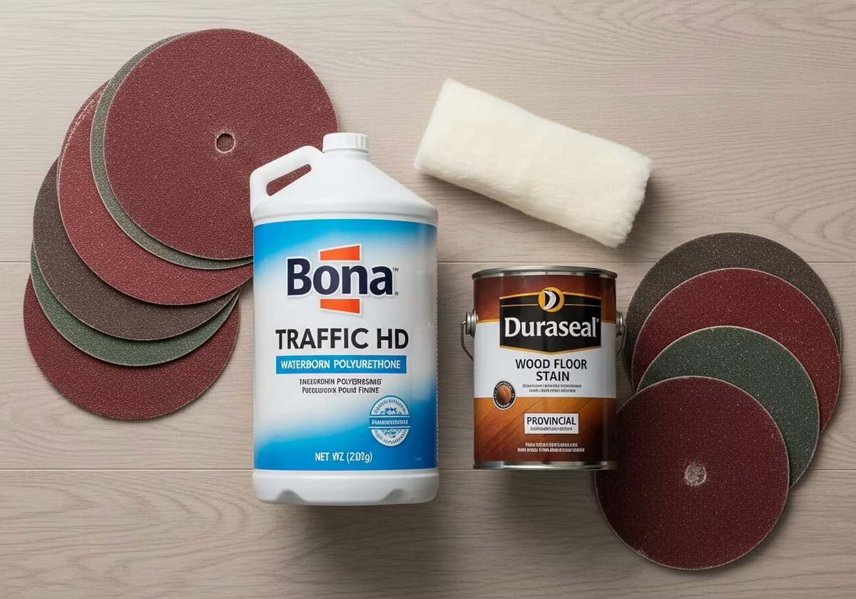 Hardwood refinishing kit — Bona Traffic HD waterborne poly, Duraseal stain