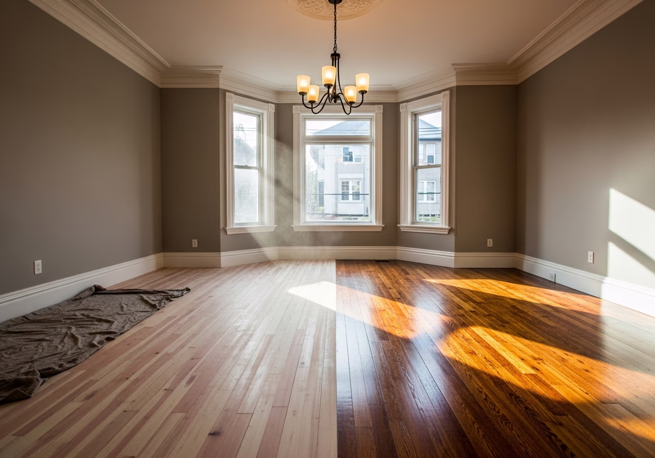 Riverdale Victorian dining room hardwood refinish — sanded vs stained sections