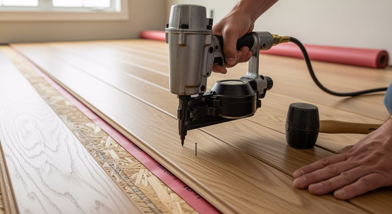 Toronto hardwood flooring installer nail-gun installing a 5-inch wide solid white-oak Mirage Admiration plank over 5/8-inch tongue-and-groove plywood with pneumatic flooring stapler, rosin paper visible as moisture barrier