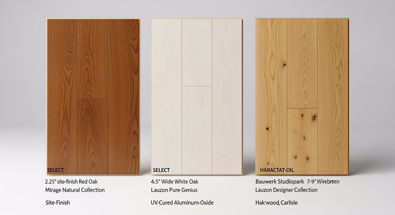 Three Toronto solid hardwood tiers compared: 2.25-inch site-finish red oak strip (Bruce, Mirage Natural), prefinished 5-inch wide white oak (Mirage Admiration, Lauzon Pure Genius), premium wide-plank European white oak 7-9 inch wire-brushed hardwax-oil (Bauwerk Studiopark, Lauzon Designer, Hakwood, Carlisle)