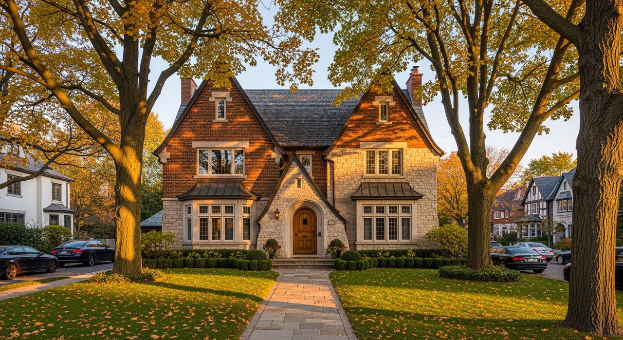 Toronto Forest Hill 1930s detached two-storey English-Cottage-style home at golden hour with mature maples where premium wide-plank European-oak floor installs run $24-$28 per square foot