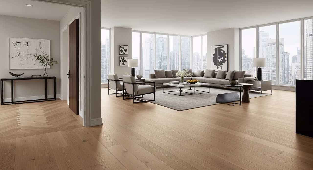 Completed Toronto luxury great-room with 7-inch wide-plank European white-oak Lauzon Designer in wire-brushed natural Rubio Monocoat 2C hardwax-oil finish, herringbone-pattern entry hall accent, floor-to-ceiling windows