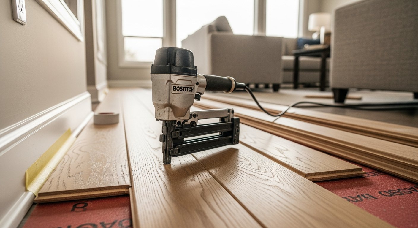 Recently completed hardwood flooring installation renovation in a Clarington home